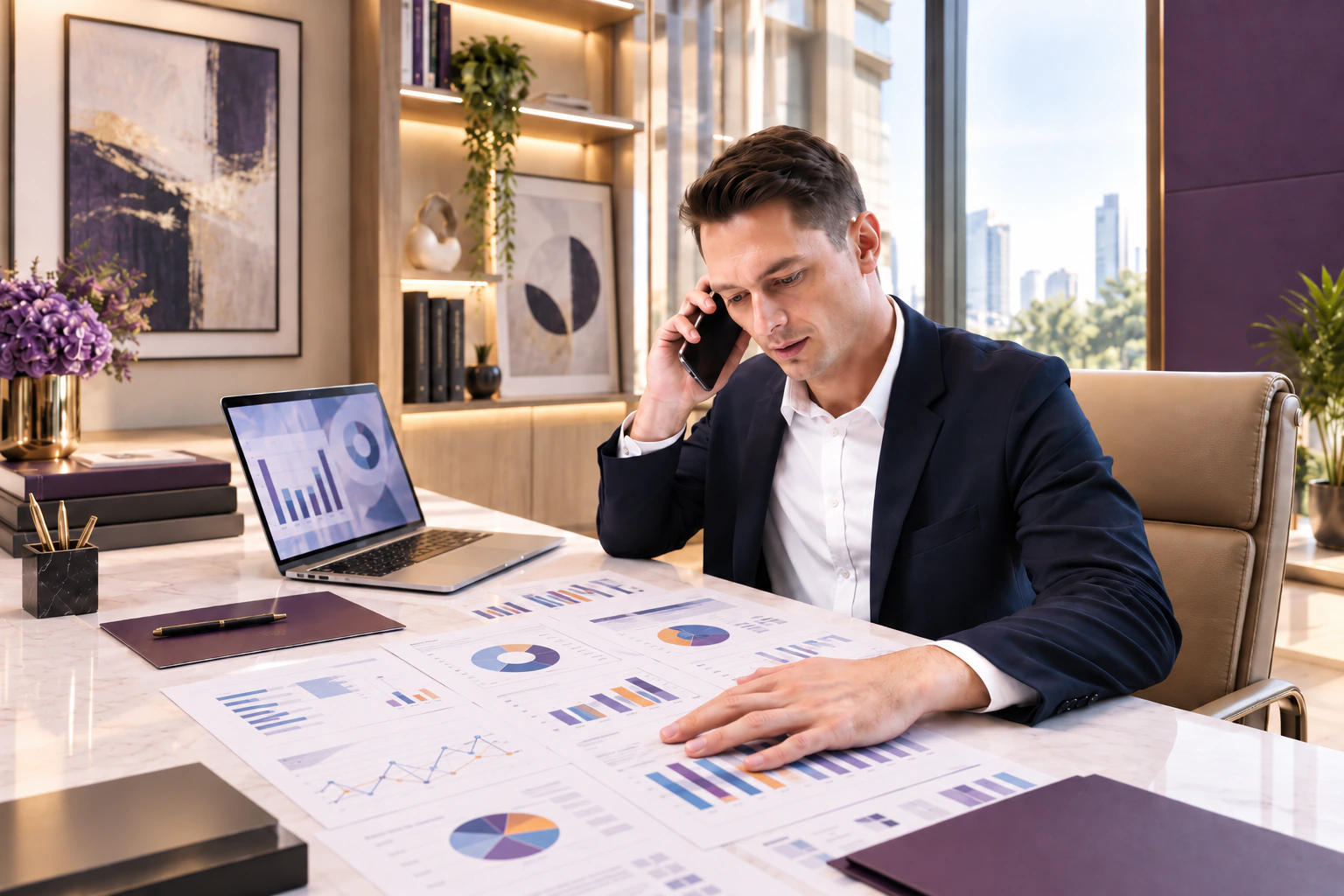 Manager reviewing charts and reports at a desk, with a laptop open beside them.