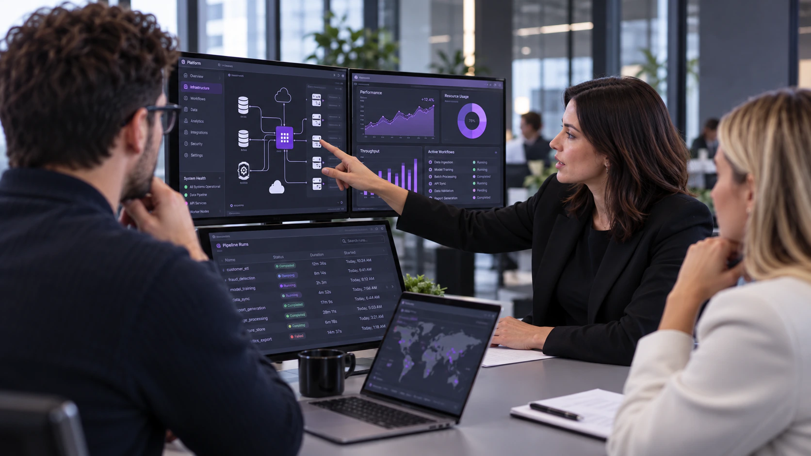 Team reviewing automation dashboards and connected systems on office screens.
